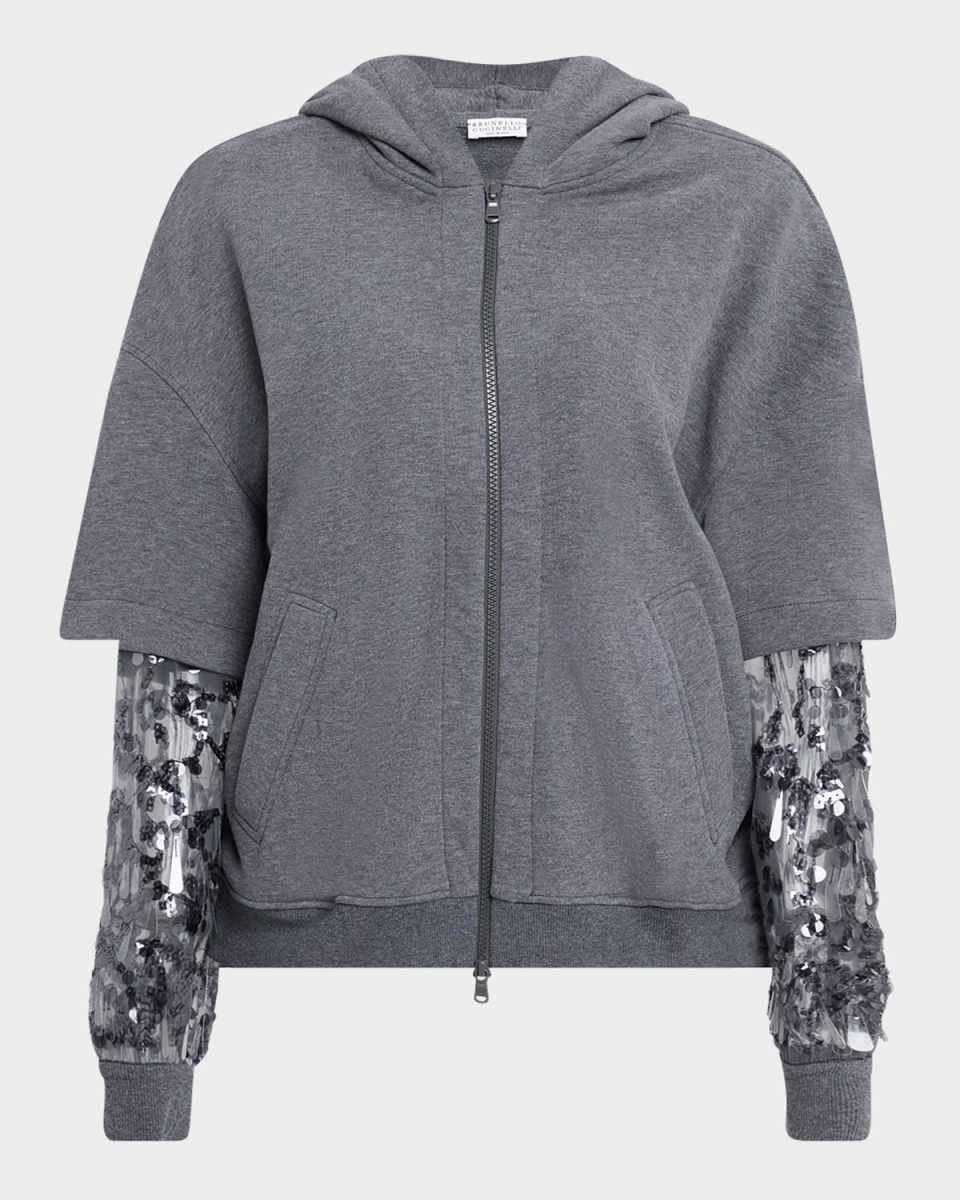 Hooded Zip Jacket with Sheer Sequined Raindrop Sleeves